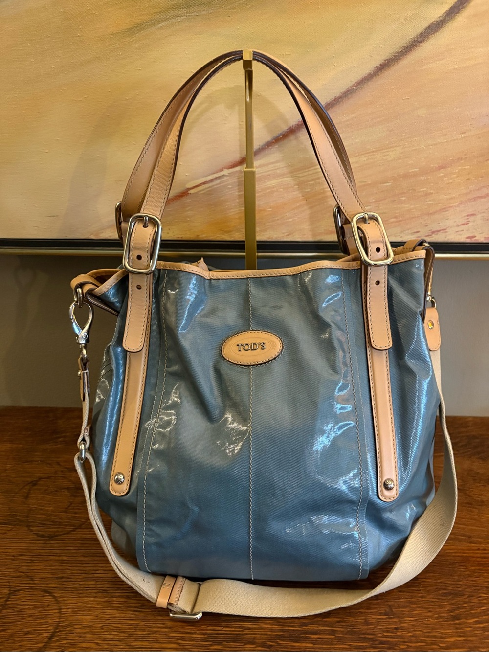 Tod’s G-Line Easy Sacca Glazed Tote Bag – Slate Blue & Vachetta Leather